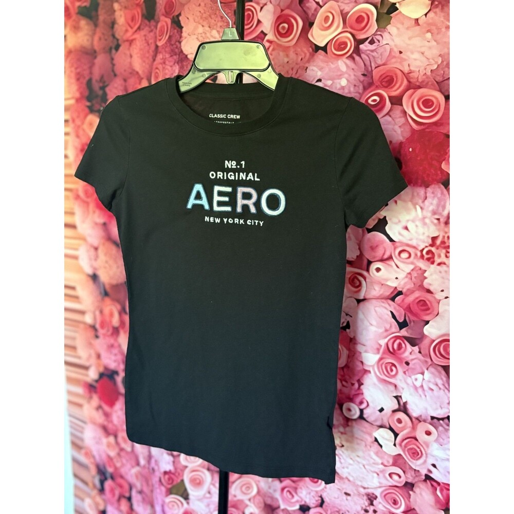 Aeropostale Women’s Small Black Graphic Tee AERO NYC Logo Classic Crew T-Shirt